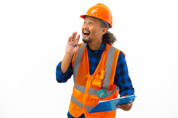 Indonesian male construction worker using safety gear excited posing using clipboard, construction and industry concept, isolated on white background.