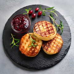 Grilled Polish oscypek cheese served with cranberry sauce on a slate plate.