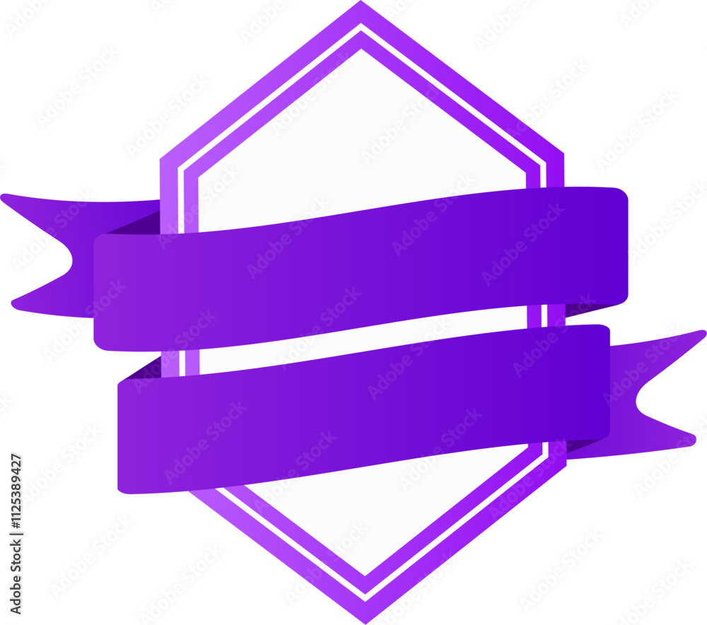 Poster two elegant purple ribbons wrapping around a hexagonal frame against a crisp white background, creat