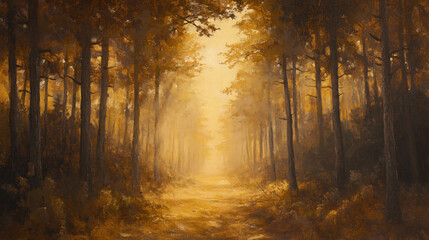 Obraz premium Misty forest at dawn with sun rays illuminating the autumn leaves in golden hues
