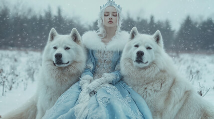 Winter queen with two large white dogs in a snowy field.