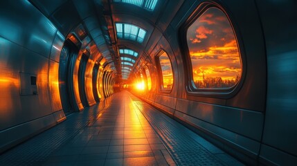 A futuristic tunnel bathed in the warm glow of a vibrant sunset. Windows along the corridor offer...