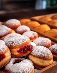 Polish doughnuts filled with rose jam and topped with powdered sugar on a bakery counter.