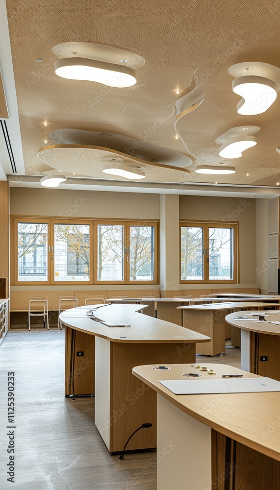 Poster modern classroom design with mocha mousse decor and interactive learning tools
