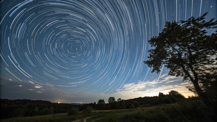 Star Trails over Serene Landscape at Night