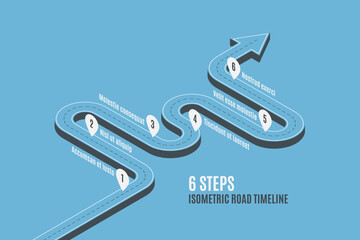 Isometric navigation map infographic 6 steps timeline concept.