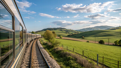 Scenic Train Journey Through Rolling Green Hills