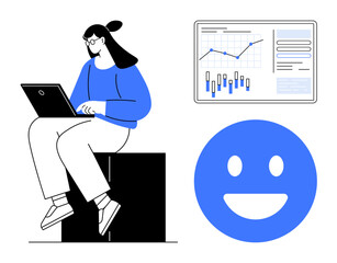 Woman sitting with laptop while analyzing data with bar and line graphs. Blue happy face symbolizes positive outcome. Ideal for business, productivity, technology, data analysis, remote work