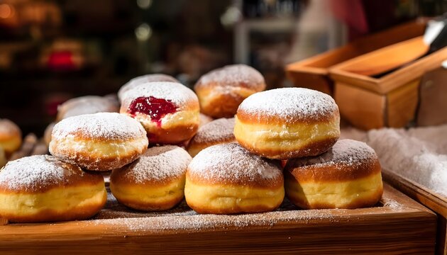 Polish dounuts filled with rose jam and topped with powdered sugar on a bakery counter. Traditional Polish Rose Jam Donuts for Fat Thursday