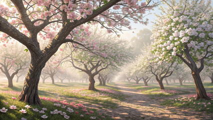 Naklejka premium Serene Spring Orchard Path Blossoming Trees and Gentle Sunlight