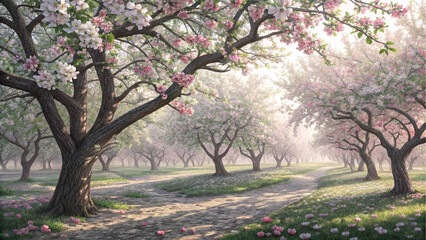 Serene Springtime Path Through a Blossom Orchard