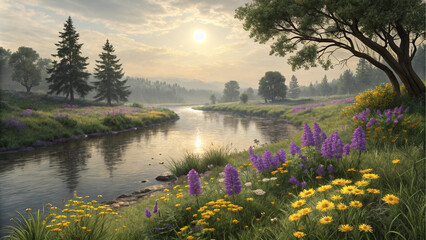 Serene Sunrise over a River and Wildflower Meadow