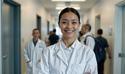 Fototapeta premium Portrait of smiling asian female doctor wearing white coat in hospital corridor