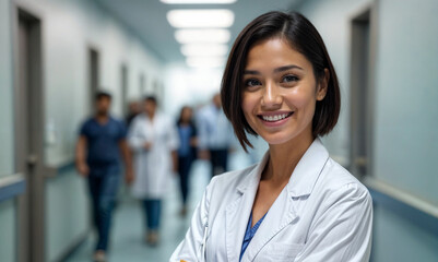 Portrait of smiling female doctor wearing white coat in hospital corridor