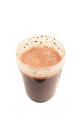 Protein drink cocktail, chocolate smoothie in a plastic shaker, isolated on a transparent background