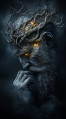 Ethereal Stone Guardian with Fiery Eyes and Tree-like Roots in a Mystical Atmosphere
