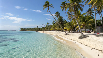 Idyllic Tropical Beach Paradise with Palm Trees and Clear Turquoise Water