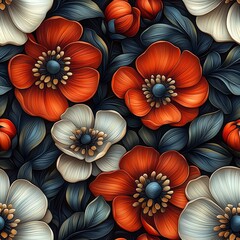 Popy flower plant flora bloom botany seamless pattern ornament tile design