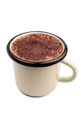 Hot chocolate or cocoa drink in an enamel mug isolated on a transparent background