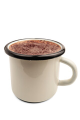 Hot chocolate or cocoa drink in an enamel mug isolated on a transparent background