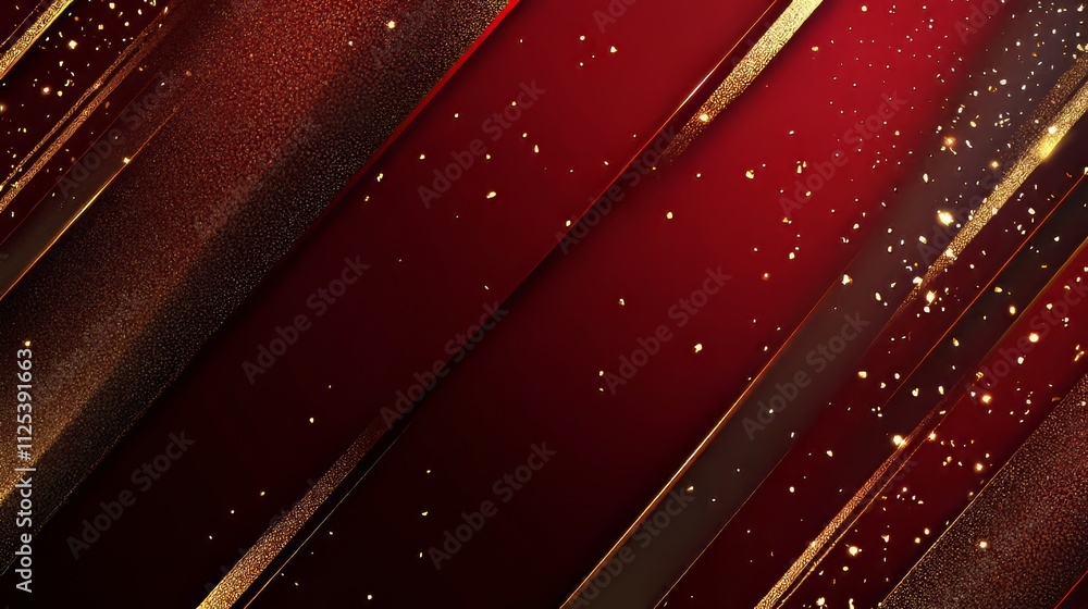 Poster burgundy background with diagonal golden lines, sparkling particles, and deep red texture, giving a 