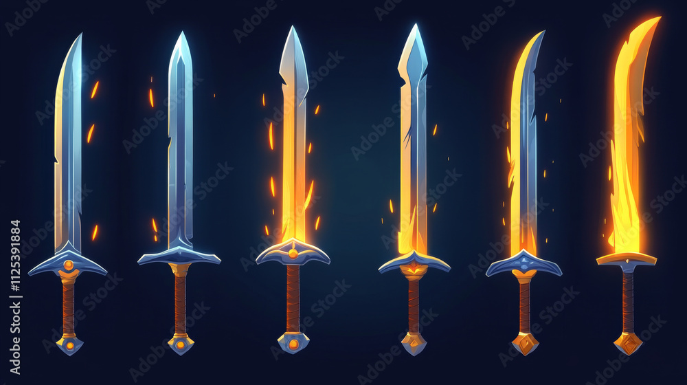 Poster medieval sword or ancient knife with slash light vfx effect for game ui design. cartoon vector illus