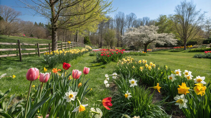 Spring Garden Landscape with Tulips, Daffodils, and Blossoming Tree