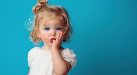 Une petite fille adorable aux cheveux blonds et aux yeux bleus regardant l'objectif, la main sur son visage sur un fond bleu.