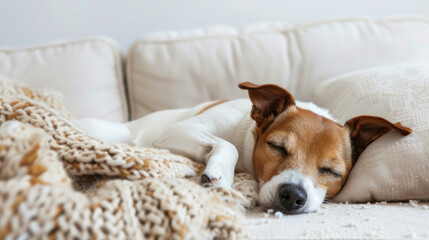 Obraz premium Puppy sleep on a soft couch. Jack Russell Terrier dog is resting on a white sofa.