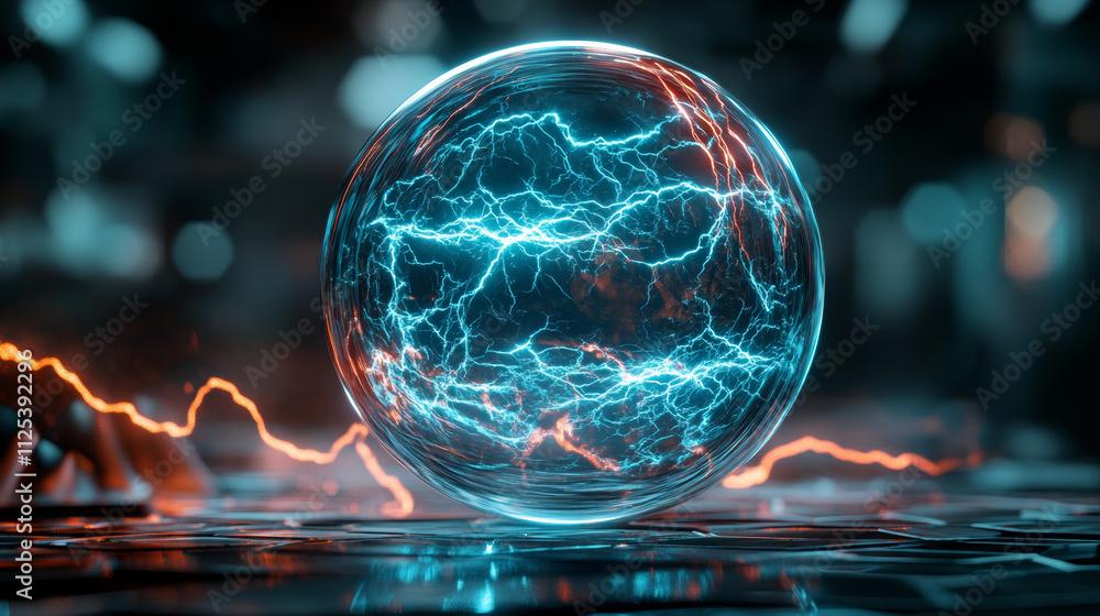 Poster 3d bubble shield with energy and thunder effect. abstract protect sphere dome technology. vector sec