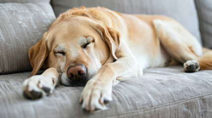 Obraz premium Labrador dog sleep on a white soft couch. The pet is resting on a sofa.