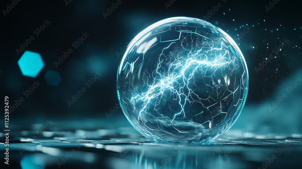 Aufkleber 3d bubble shield with energy and thunder effect. abstract protect sphere dome technology. vector sec