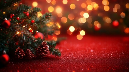 Christmas background with xmas tree and sparkle bokeh lights on red canvas background. merry christmas card. winter holiday theme. happy new year. space for text. 