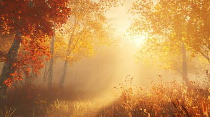 Obraz premium Misty morning sunrise in an autumn forest, illuminating golden and red foliage