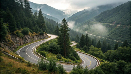 Winding Mountain Road Through Misty Forest Landscape