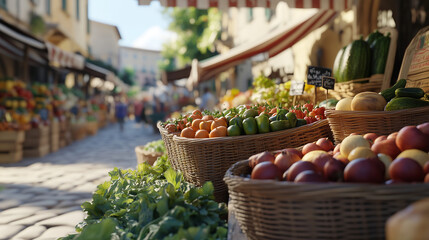 Colorful fruit and vegetable market bustling with activity in a charming town square during a sunny day. Generative AI