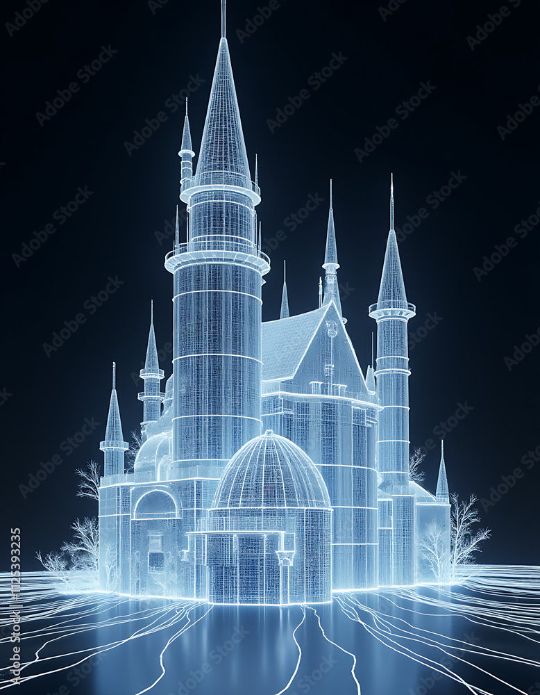 Aufkleber The wireframe design of a futuristic castle architecture resembles a glowing structure with clean lines and precise geometric shapes._00001_