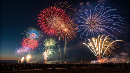 Vibrant Fireworks Display Over Crowd at Night