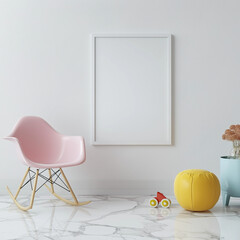 Minimalistic Teenager's Room with A3 Format White Picture in Thin White Frame and Colorful Decor"