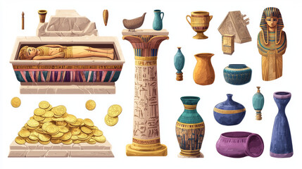 Egyptian pharaoh tomb elements - cartoon vector illustration set of mummy in sarcophagus on stone stand, pile of golden coins and treasure, ancient vases and column. Egypt pyramid interior objects.