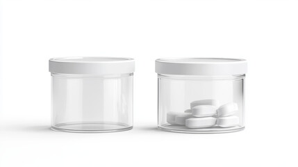 Medicine bottles with pills and clear capsules isolated on white background. Vector realistic mockup of glass or plastic transparent container with blank label and lid. 3d jars with medical drugs