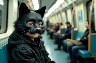 Portrait of a teenage girl in a cat costume in a subway car. Quadrober, youth direction.