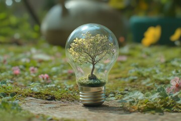 ight bulb with a miniature tree growing inside, symbolizing green ideas and sustainability, placed on a garden 