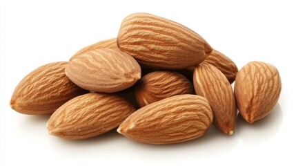 Shelled almonds are creating a small, textured pile, showcasing their natural, oval shape and light brown color against a clean white backdrop