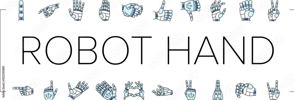 Poster robot hand gesture ai digital icons set vector. future intelligence, technology holding, money artif