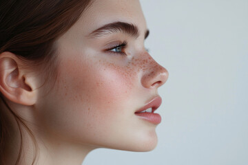 Portrait of a beautiful girl with freckles on her face