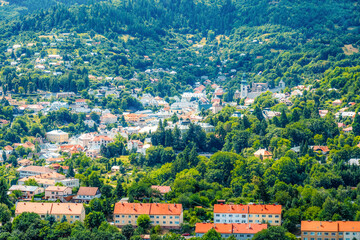 Fototapeta premium Romantic morning scenery of calvary in Banska Stiavnica, UNESCO, Slovakia. Old Slovakia mining town of Banska Stiavnica.