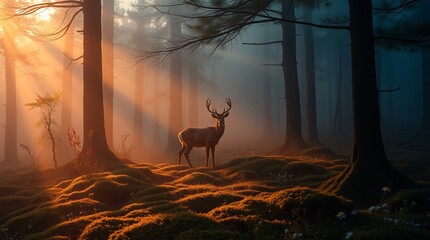 Golden Hour Majestic Deer in Mystical Forest with Fog and Rich Tones