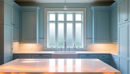 A serene blue kitchen with a crisp white countertop, surrounded by soft blue cabinets with a gentle matte finish, modern kitchen interior, Property Interiors, created with generative ai