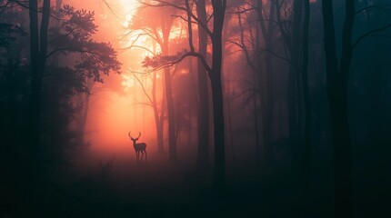 Golden Hour Majestic Deer in Mystical Forest with Fog and Rich Tones